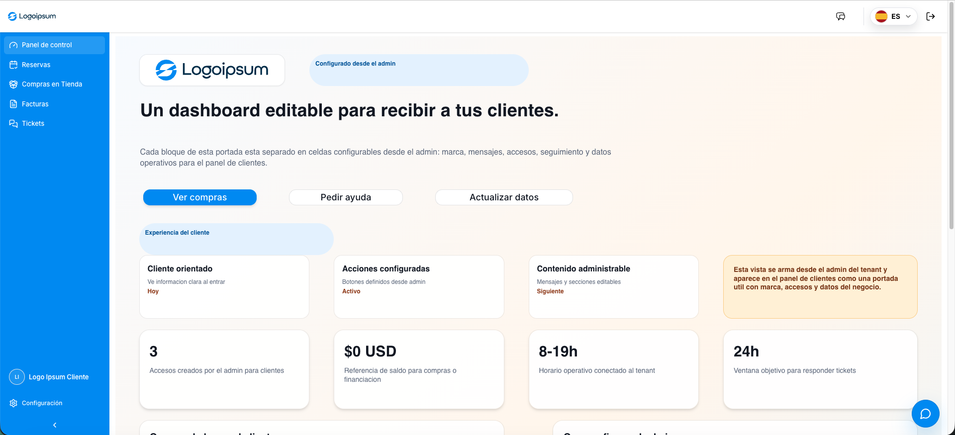 Captura real del dashboard editable dentro del panel privado para clientes de TBase