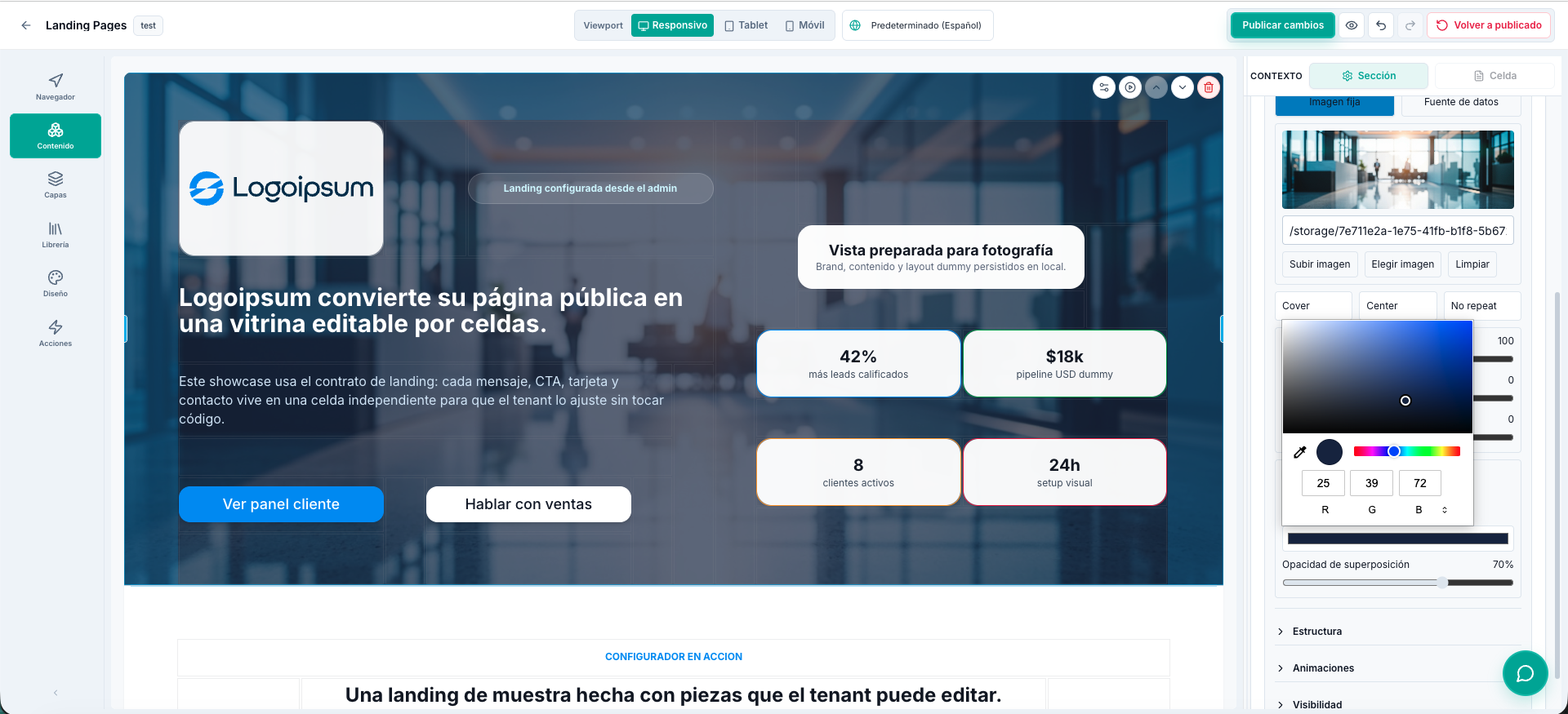 Captura real del Web Creator de TBase editando una landing por secciones y celdas