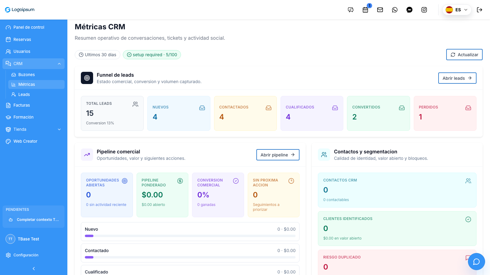 Captura real de métricas CRM de TBase con lecturas de actividad, conversión, pipeline y segmentación