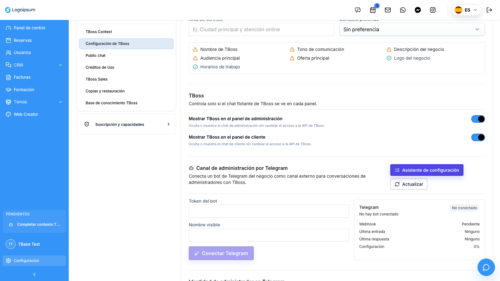 Captura real de la configuración de TBoss en TBase con visibilidad del asistente en panel admin, panel cliente y acceso a chat público