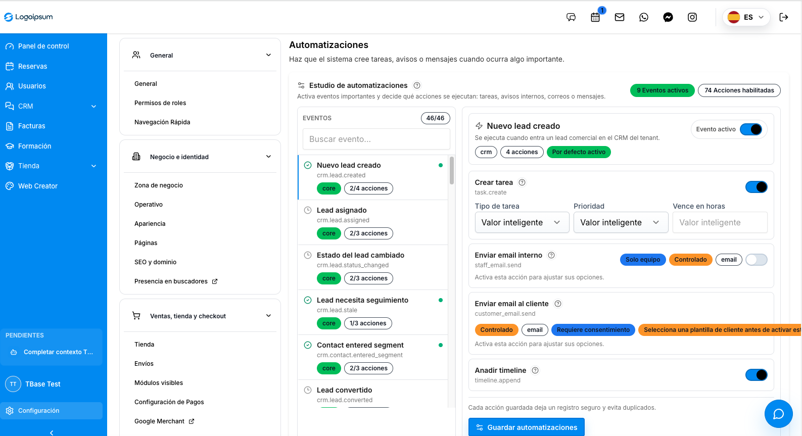 Captura real de workflows automatizados de TBase con disparadores, esperas, acciones y eventos del sistema