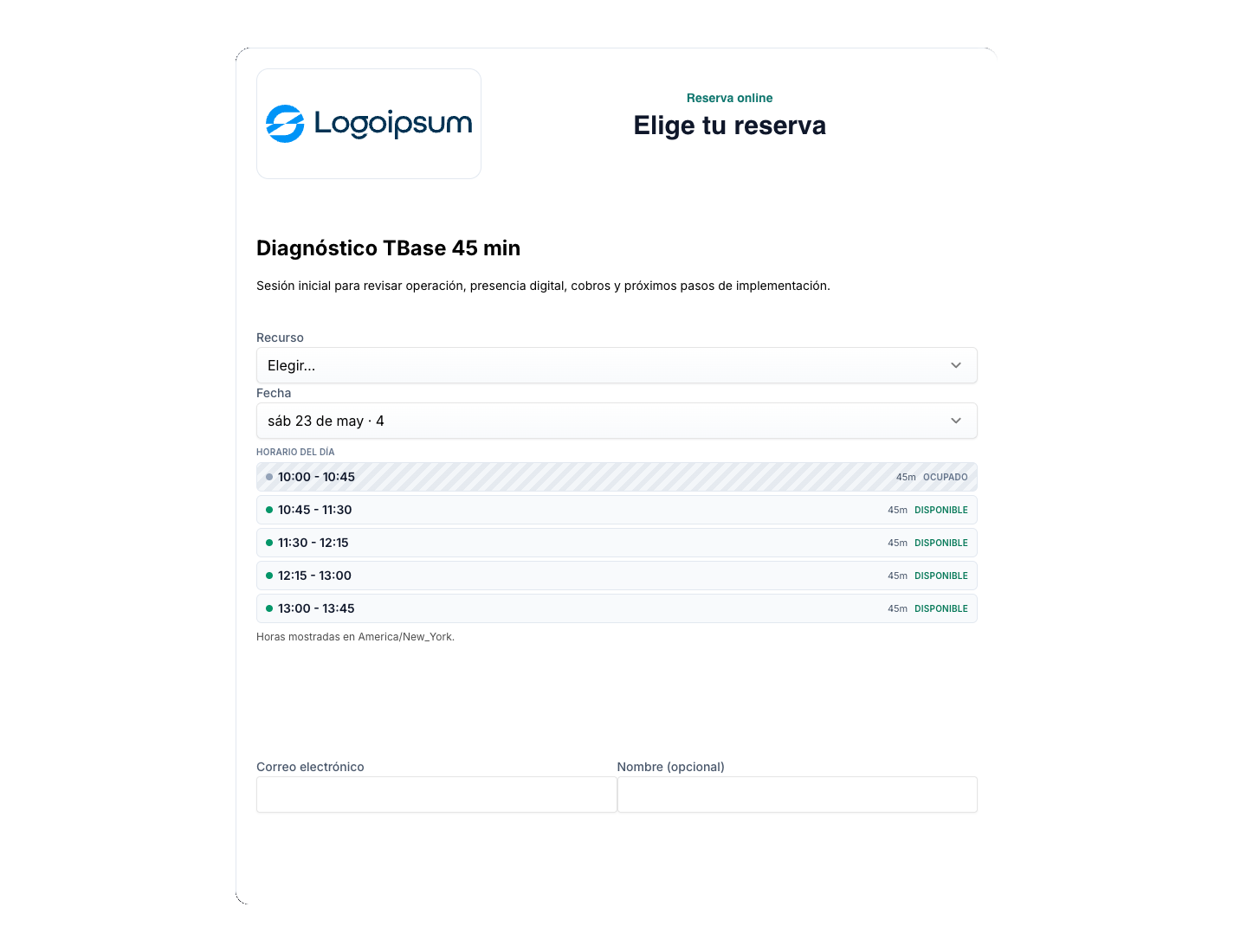 Captura real del popup público de reservas de TBase con encabezado configurable, horarios disponibles, datos del cliente y la oferta del negocio