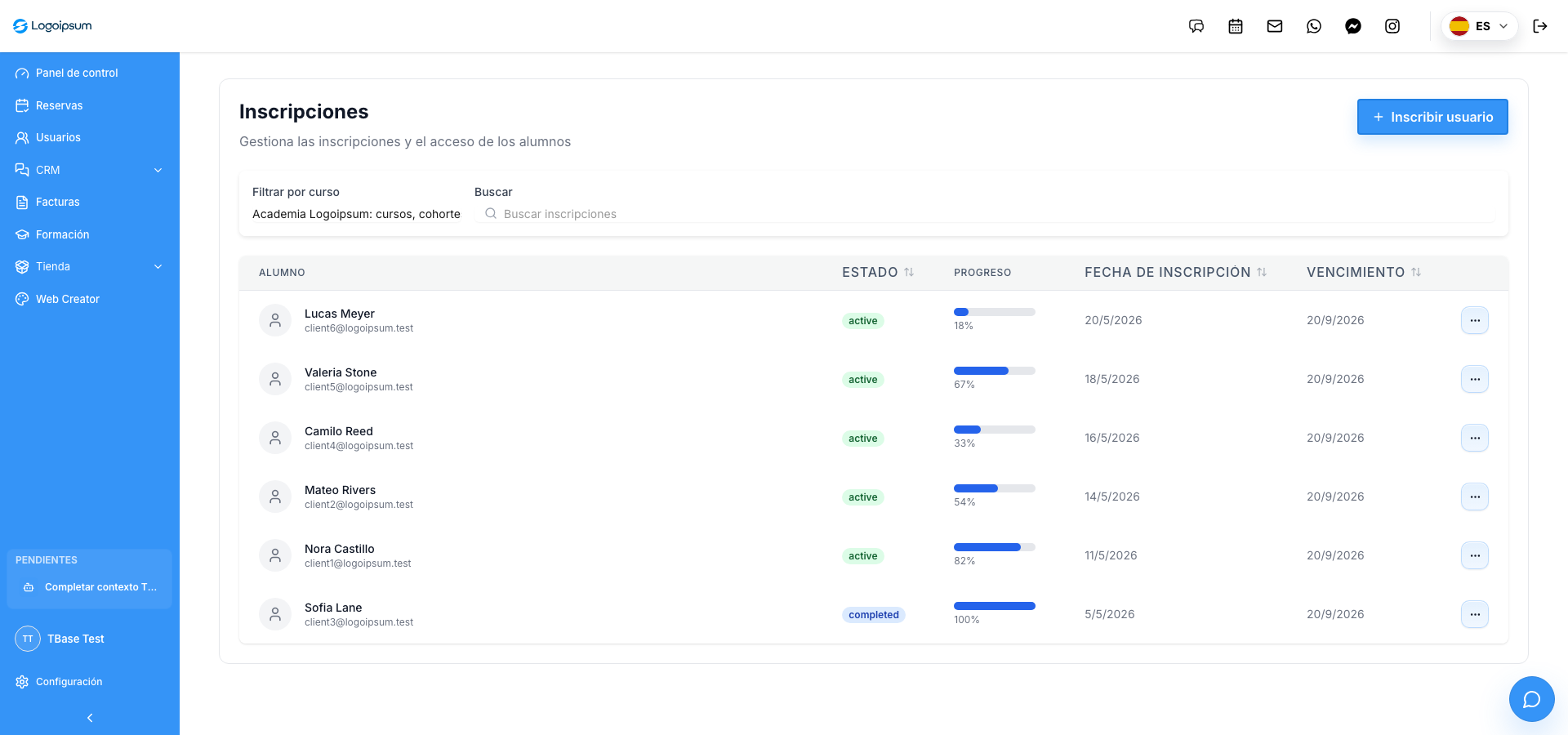 Captura real del panel de inscripciones de TBase con alumnos, estados y progreso por curso