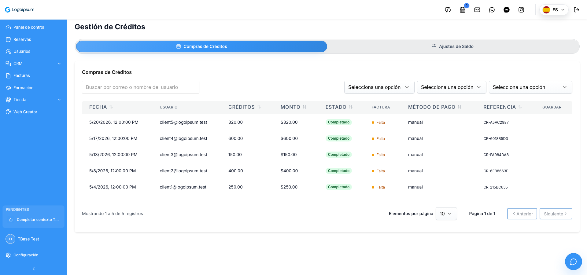 Captura real del panel de créditos de TBase con compras, saldos, estados, facturas y métodos de pago