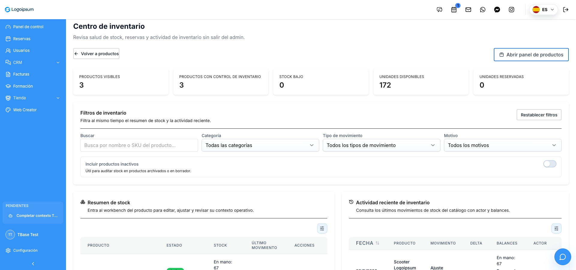 Captura real del centro de inventario de TBase con stock disponible, productos controlados, filtros y actividad reciente