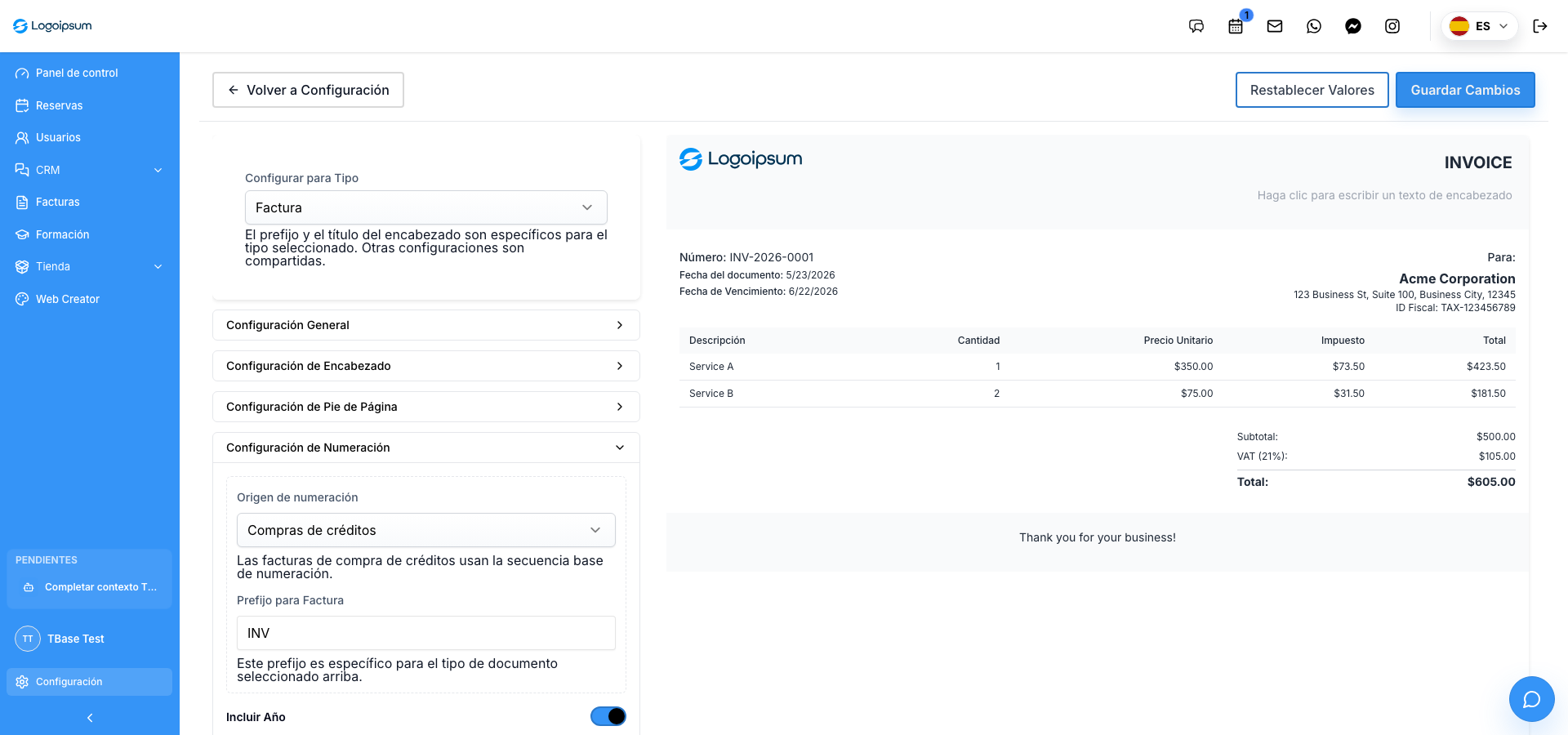 Captura real del configurador de facturación de TBase con numeración, documento, impuestos y vista previa de factura