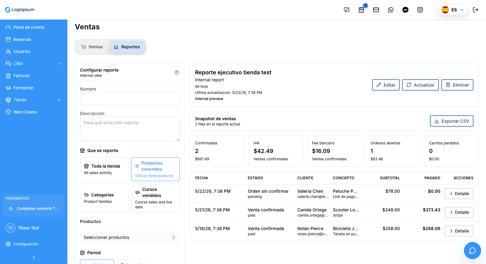 Captura real de informes de funnel de TBase con monitor de conversión, pipeline, recuperación, automatizaciones y checklist operativo