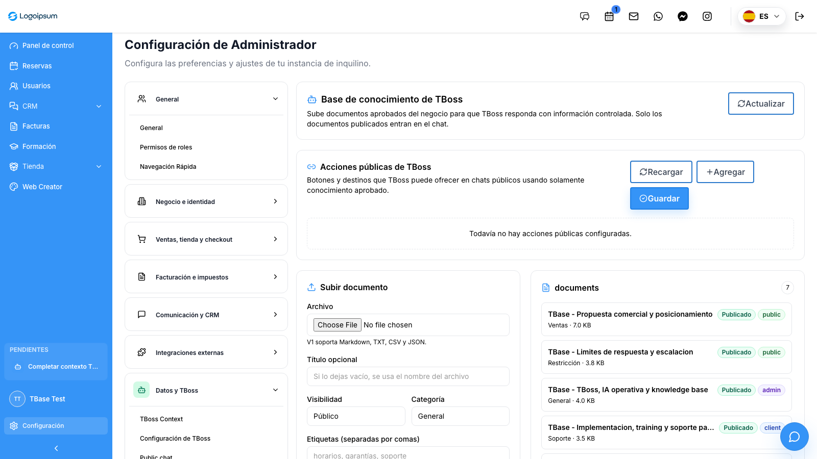 Captura real de la base de conocimiento de TBoss en TBase con documentos publicados, visibilidad por superficie y acciones públicas aprobadas